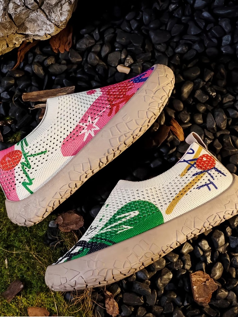 Women's Slip-On Knit Sneakers in Cream with Multicolor Floral Print - Picture 4 of 8